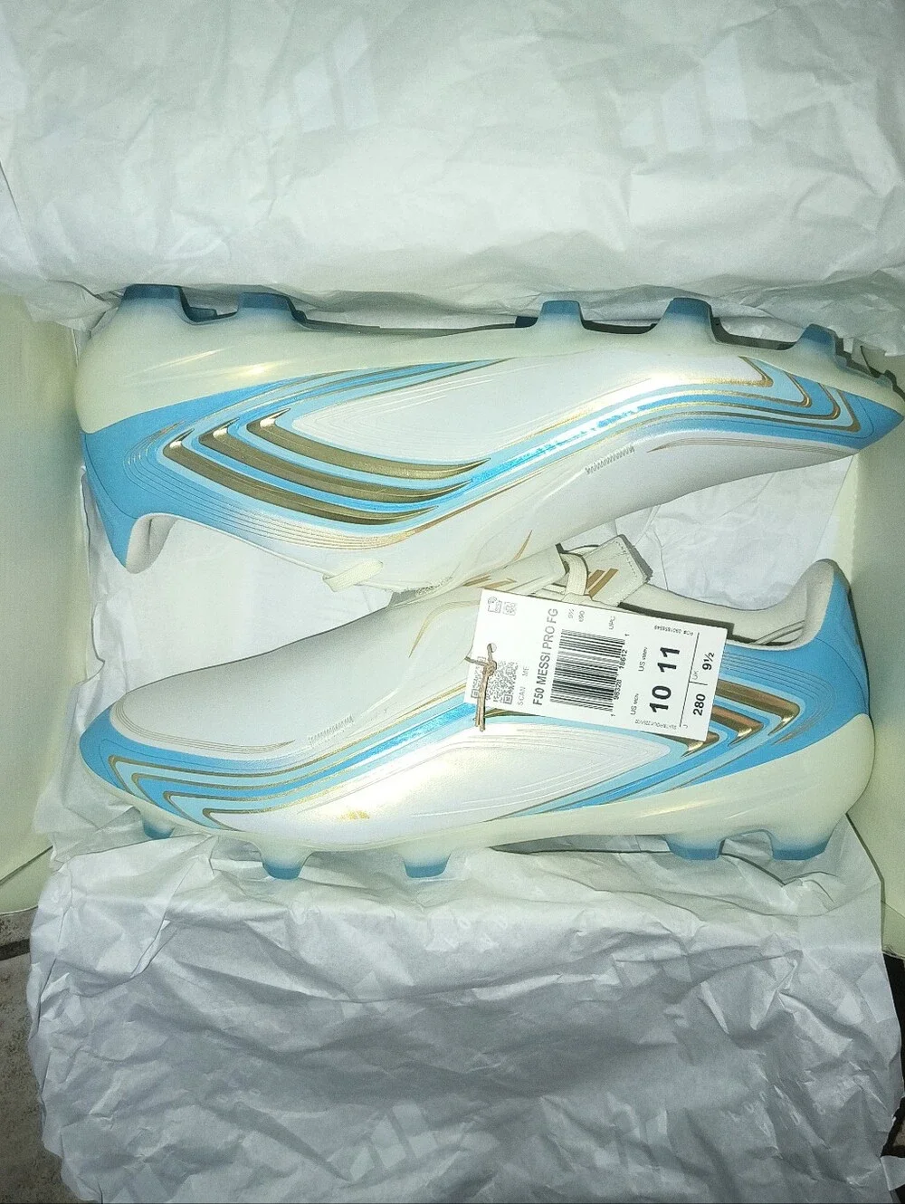 Adidas Messi F50 Pro FG Soccer Cleats Men’s White with Light Blue Trim